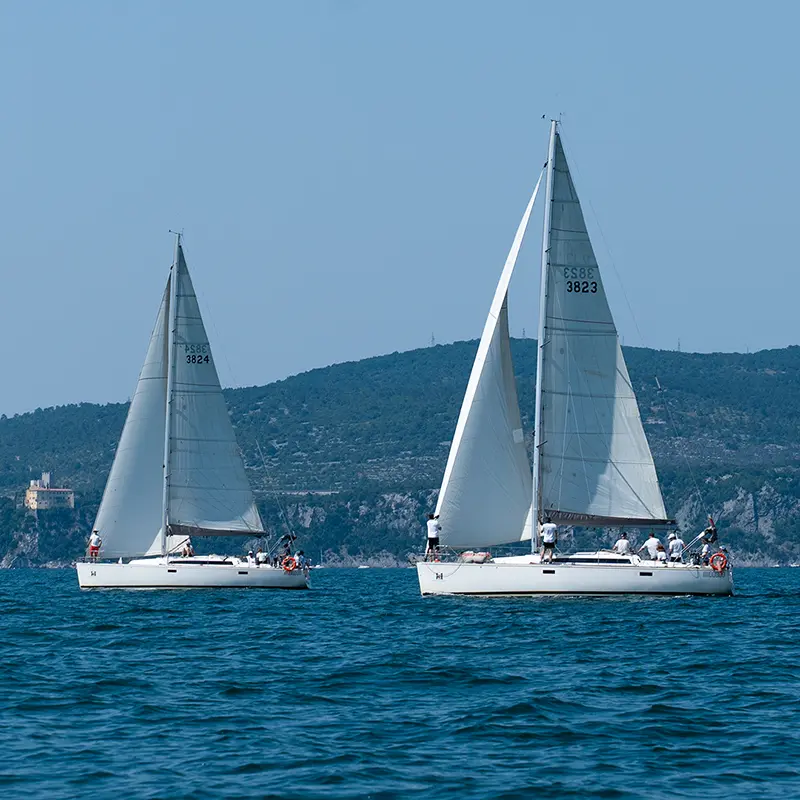 Due barche a vela affiancate con persone a bordo; sullo sfondo una costa collinare con un edificio